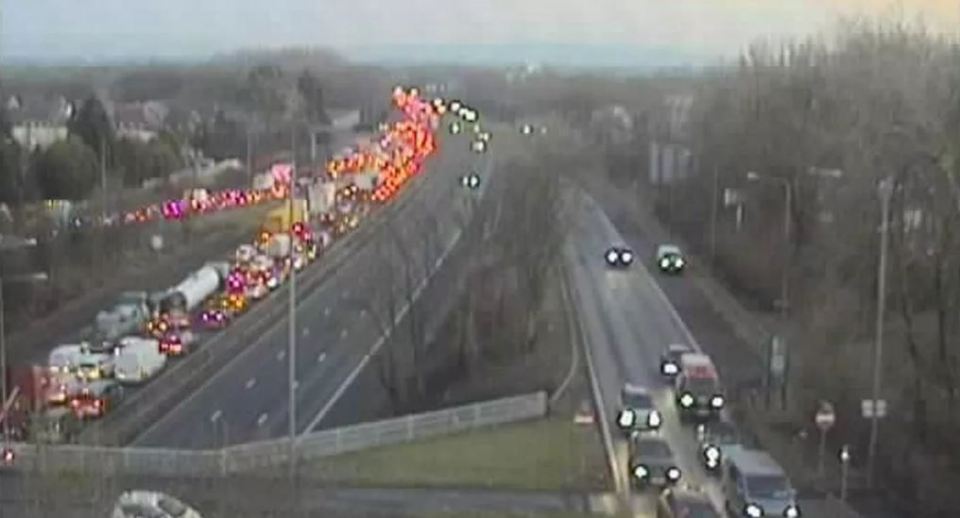 Aerial view of a major traffic jam on a highway.