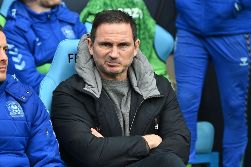 Frank Lampard, manager of Coventry City, sits with arms crossed.