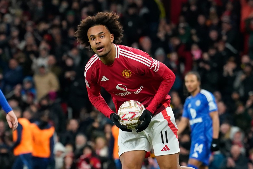 Joshua Zirkzee of Manchester United celebrates scoring a goal.