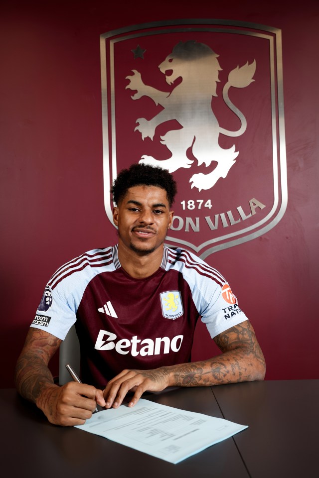 Marcus Rashford signing a contract for Aston Villa.