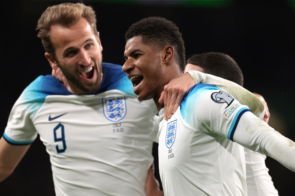 Marcus Rashford and Harry Kane celebrating a goal for England.