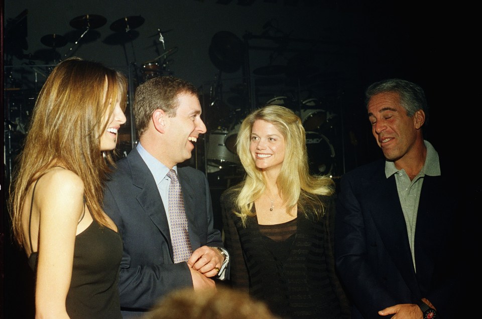 Photo of Melania Trump, Prince Andrew, Gwendolyn Beck, and Jeffrey Epstein at a party.