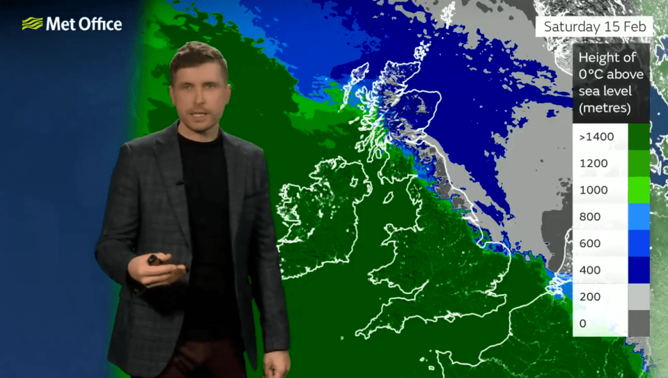 Weather presenter with map showing height of 0°C above sea level in metres.