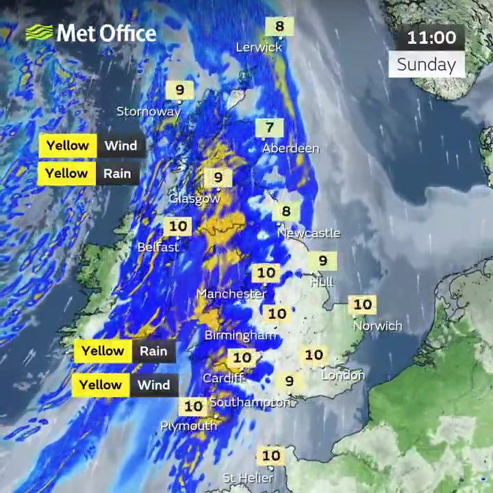 Met Office weather warnings map showing yellow wind and rain warnings across Britain.