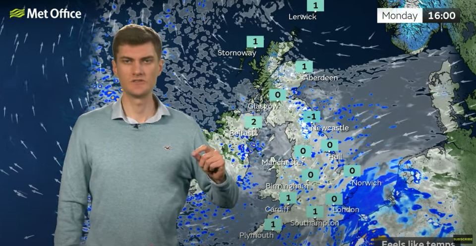 Weather presenter with UK weather map showing plunging temperatures.