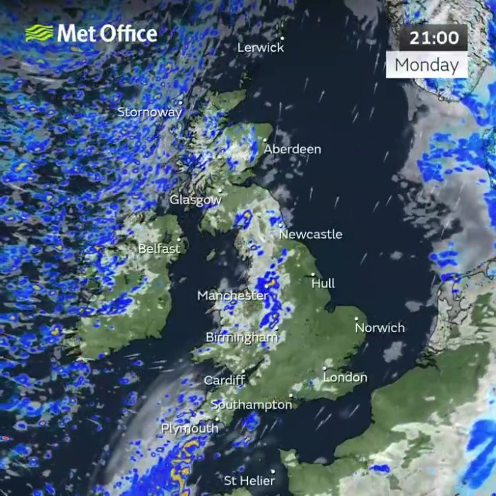 Met Office weather map showing heavy rain across Britain.