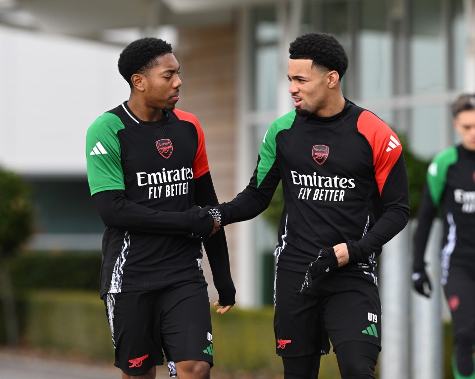 Myles Lewis-Skelly and Ethan Nwaneri of Arsenal training.