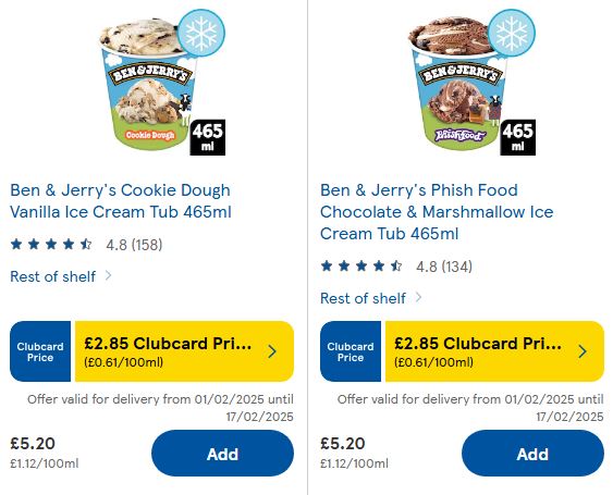 Collage of Ben & Jerry's ice cream tubs with pricing and reviews.