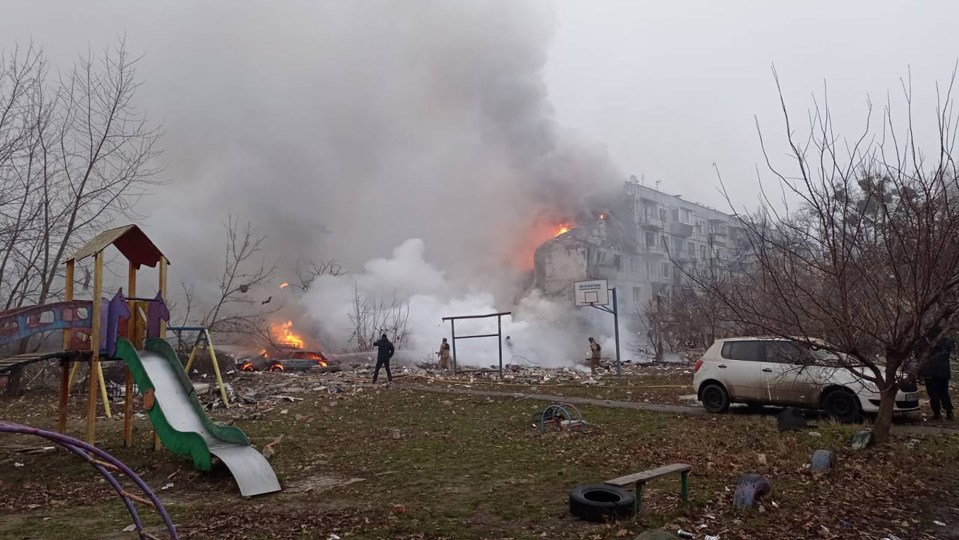 Damage to a building and playground in Poltava, Ukraine, following a Russian missile strike.