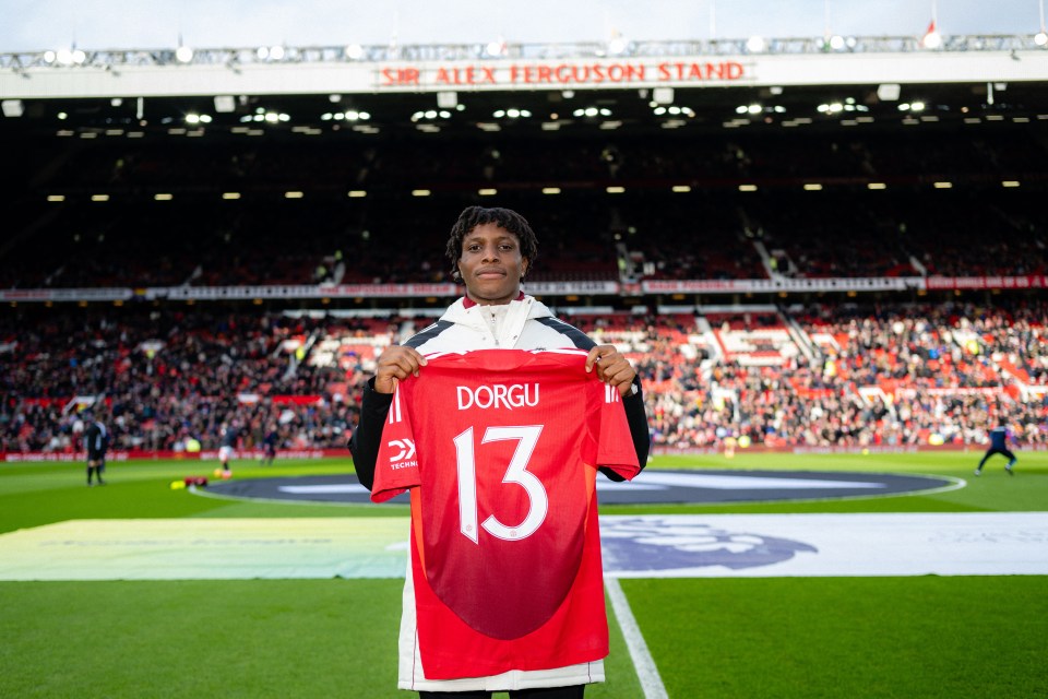 Patrick Dorgu, new Manchester United signing, holding his jersey.