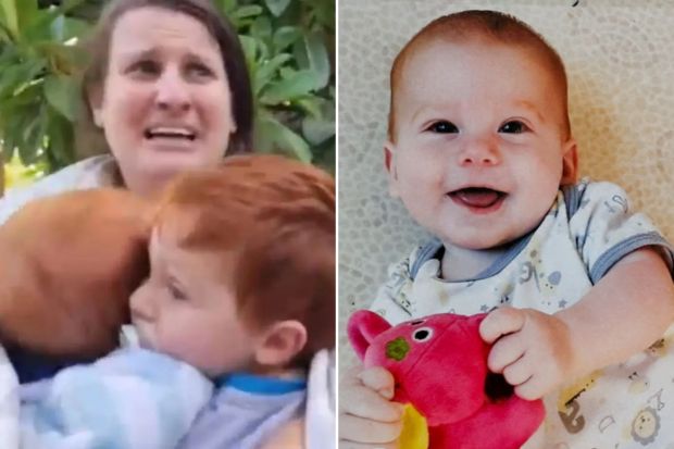 An image collage containing 2 images, Image 1 shows A woman holding two young children, crying, Image 2 shows Smiling baby holding a pink stuffed animal