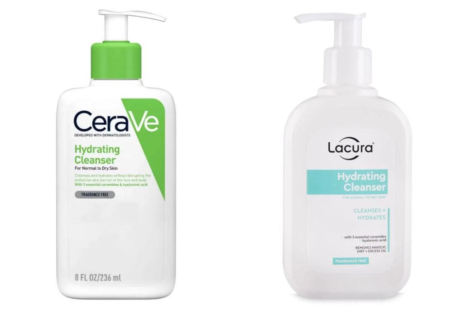 Collage of CeraVe and Lacura hydrating cleansers.