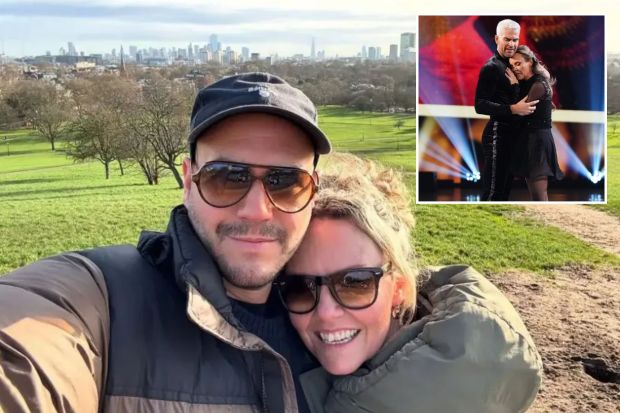 Collage of a couple in a park with a London cityscape in the background and an inset of them on a skating show.