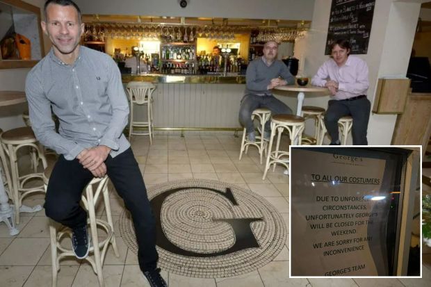 Collage of a pub's interior, owner, and a closure notice.