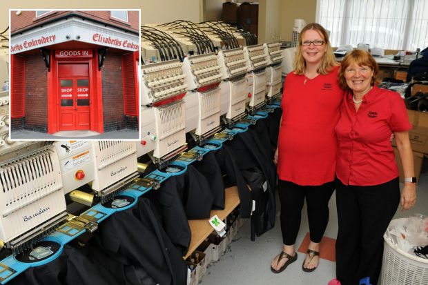 An image collage containing 2 images, Image 1 shows Two women standing in front of embroidery machines, Image 2 shows Elizabeth's Embroidery shop entrance