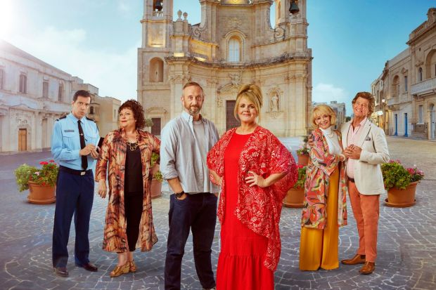 Collage of a cast in front of a church.