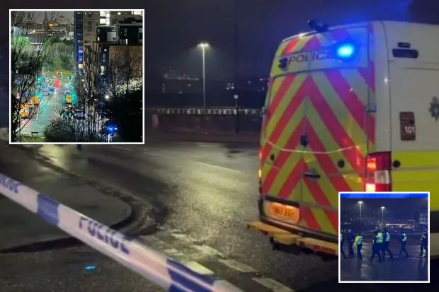 Collage of a nighttime police scene showing police vehicles, officers, and police tape.