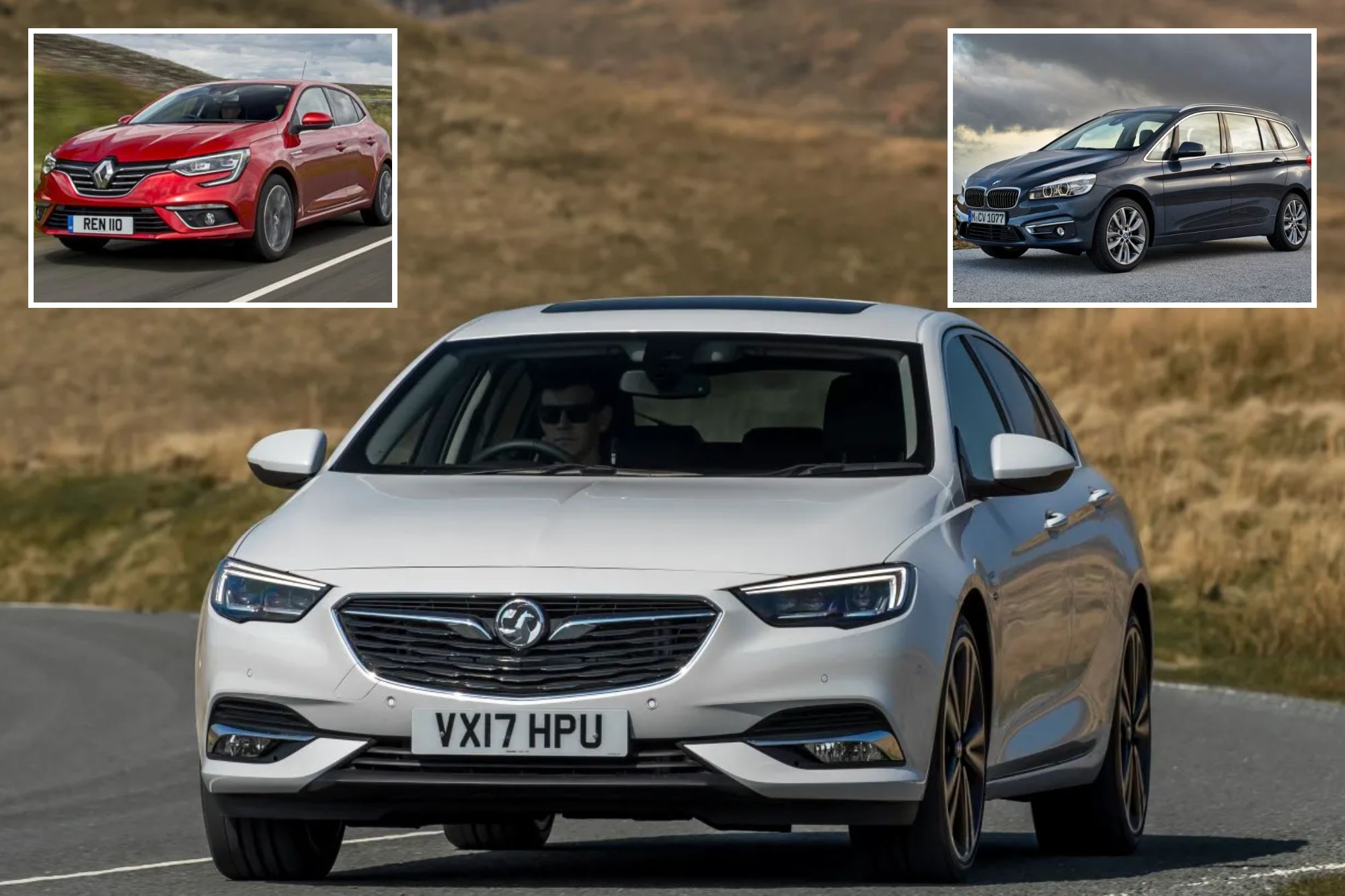 Collage of three cars: a red hatchback, a white sedan, and a dark-colored station wagon.