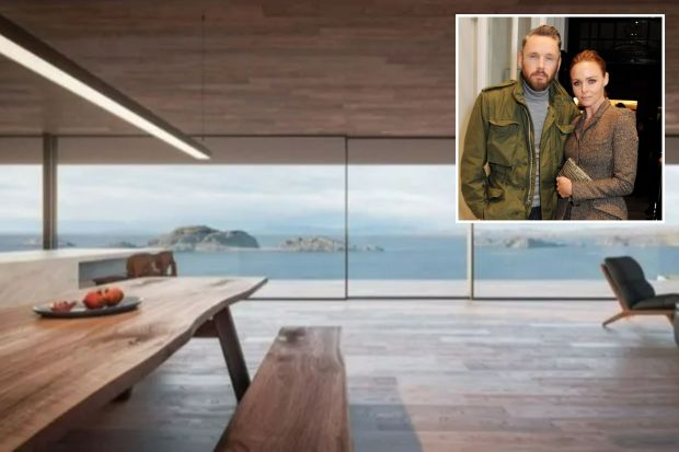 An image collage containing 2 images, Image 1 shows Rendering of a modern house with large windows overlooking the ocean, Image 2 shows Stella McCartney and Alasdhair Willis at a Christmas lights event