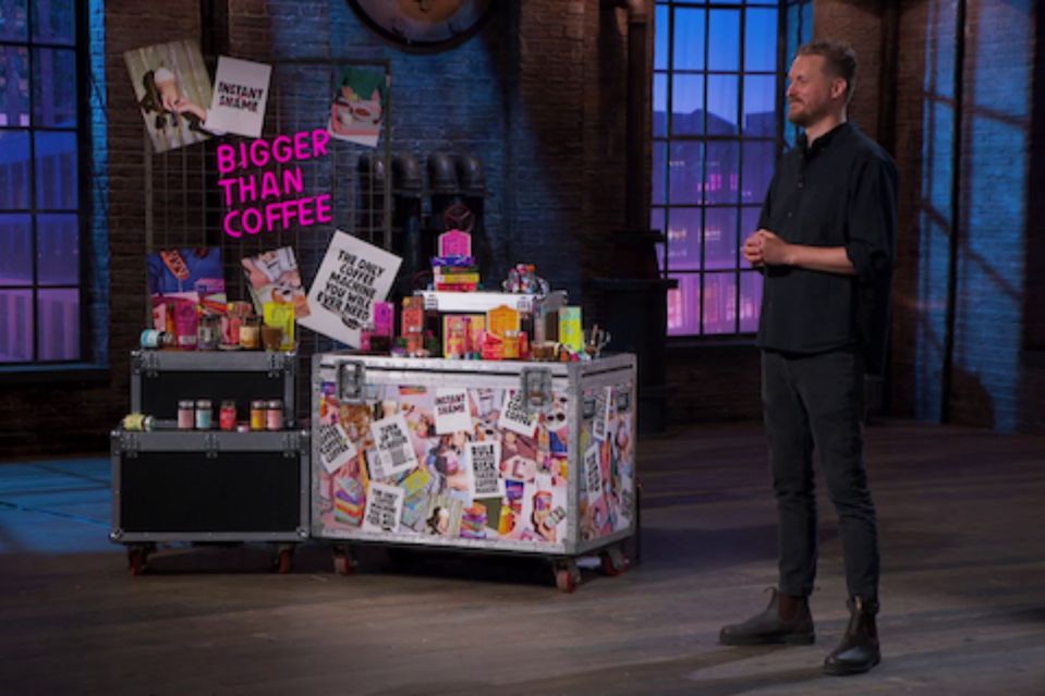 Collage of coffee products and a presenter.