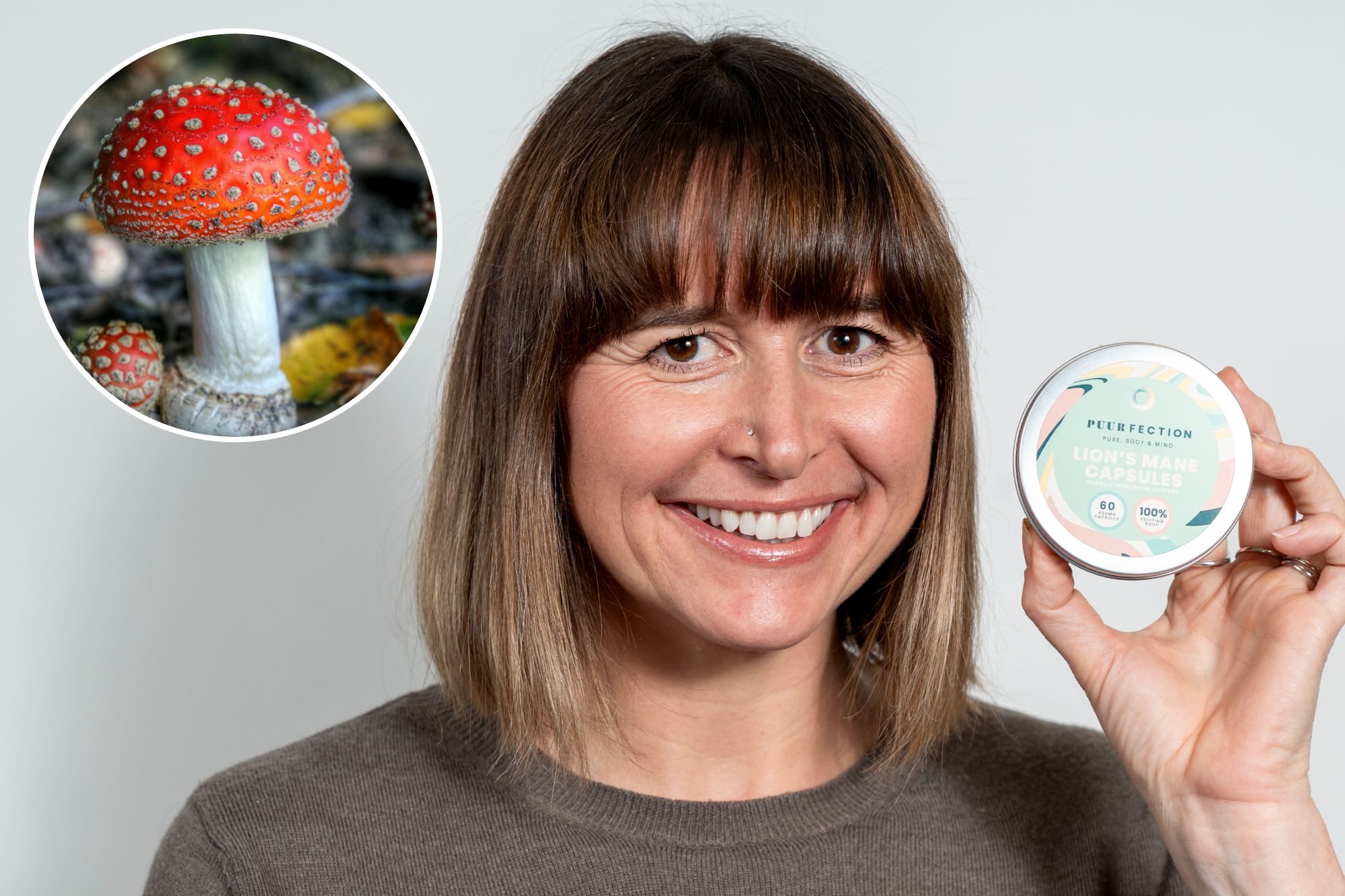 An image collage containing 2 images, Image 1 shows Woman holding a tin of Lion's Mane capsules, Image 2 shows Close-up of fly agaric mushrooms