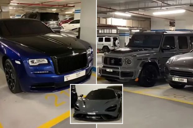 Collage of luxury cars parked in a garage.