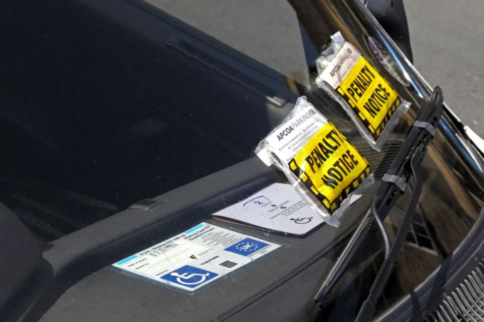 An image collage containing 1 images, Image 1 shows Parking tickets on a car with a disabled parking permit