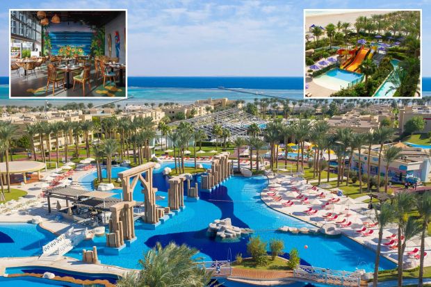 An image collage containing 3 images, Image 1 shows Aerial view of a resort pool complex with palm trees and ocean in the background, Image 2 shows Aerial view of a resort water park with slides, pools, and a ropes course, Image 3 shows Centara Mirage Beach Resort Dubai restaurant with tropical mural