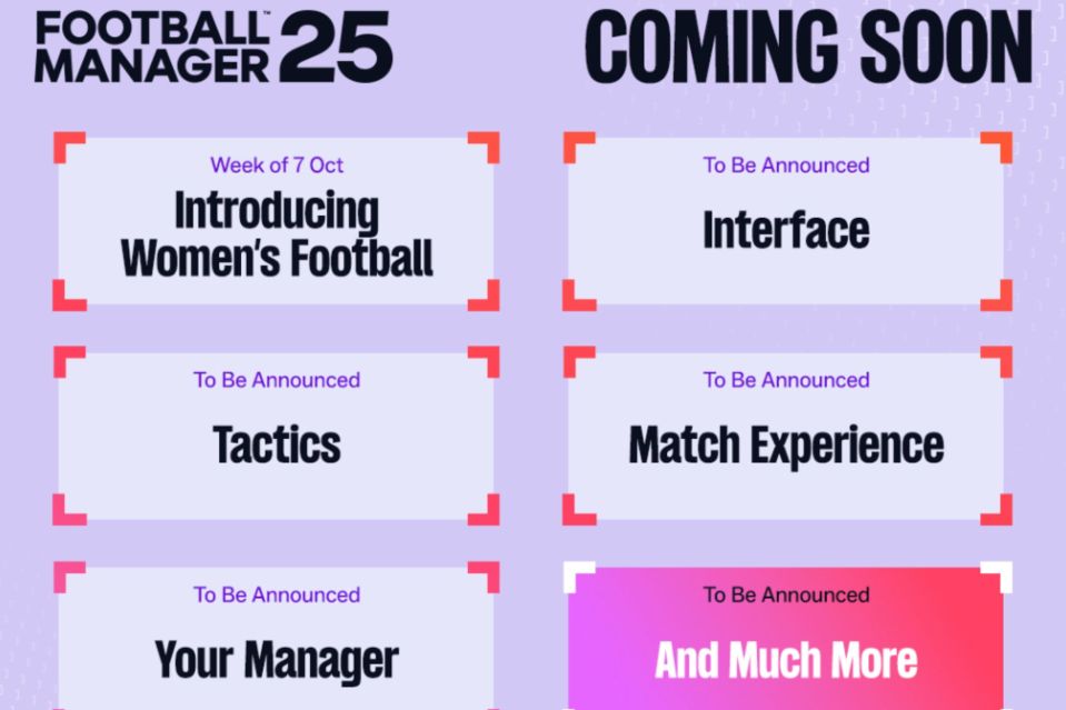 Football Manager 25: Coming soon features including women's football, interface, tactics, match experience, and more.