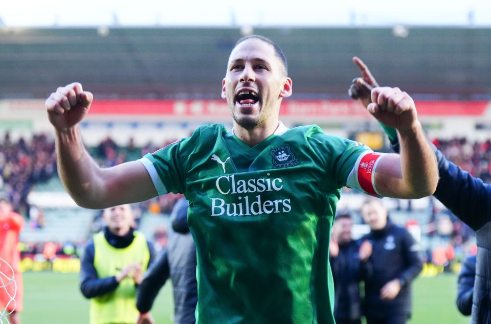 Nikola Katic of Plymouth Argyle celebrates a victory.