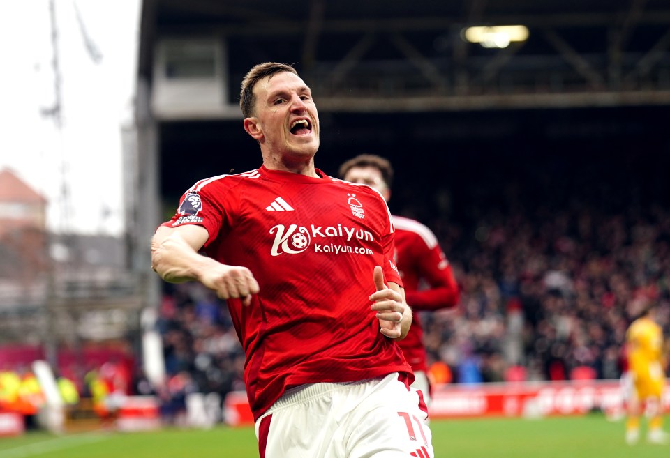 Chris Wood of Nottingham Forest celebrating a goal.