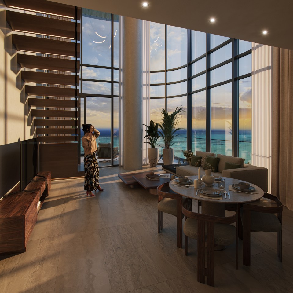 Illustration of a penthouse living room with ocean views.