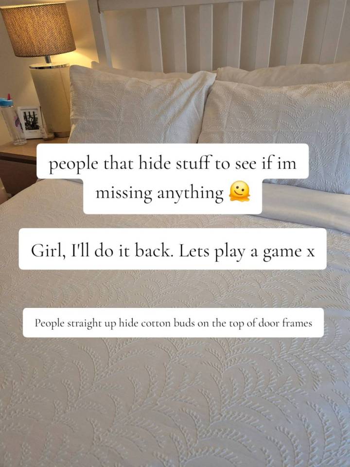 Screenshot of a TikTok video showing a bed with text overlay about people hiding things.