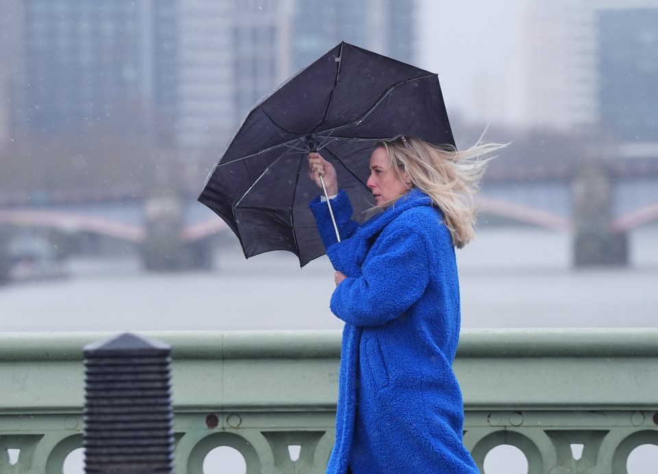 Woman walking in wind and rain on a bridge, holding an umbrella.