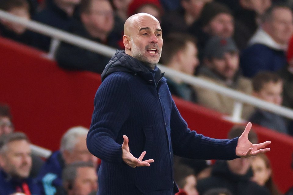 Pep Guardiola, manager of Manchester City, reacting during a Premier League match.