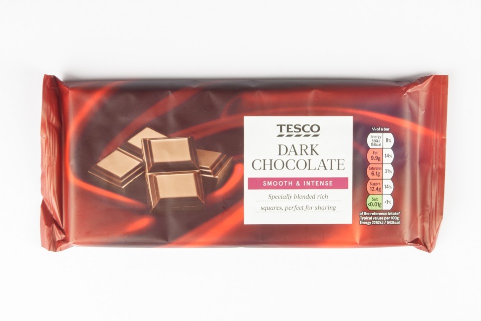 Tesco Dark Chocolate bar wrapper.