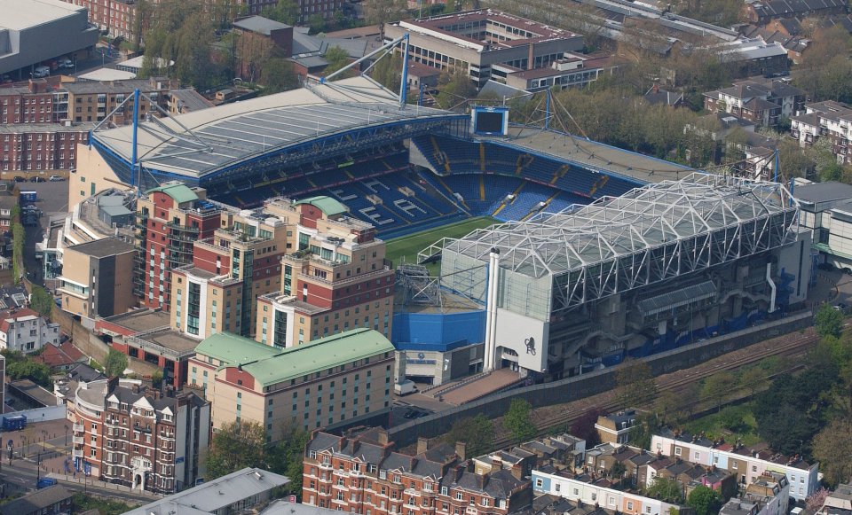 Aerial view of Stamford Bridge stadium and surrounding buildings.