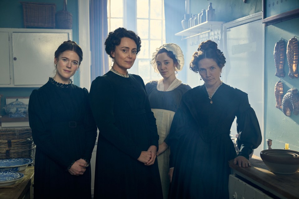 Promotional image of four women in period costume for the TV show *Miss Austen*.