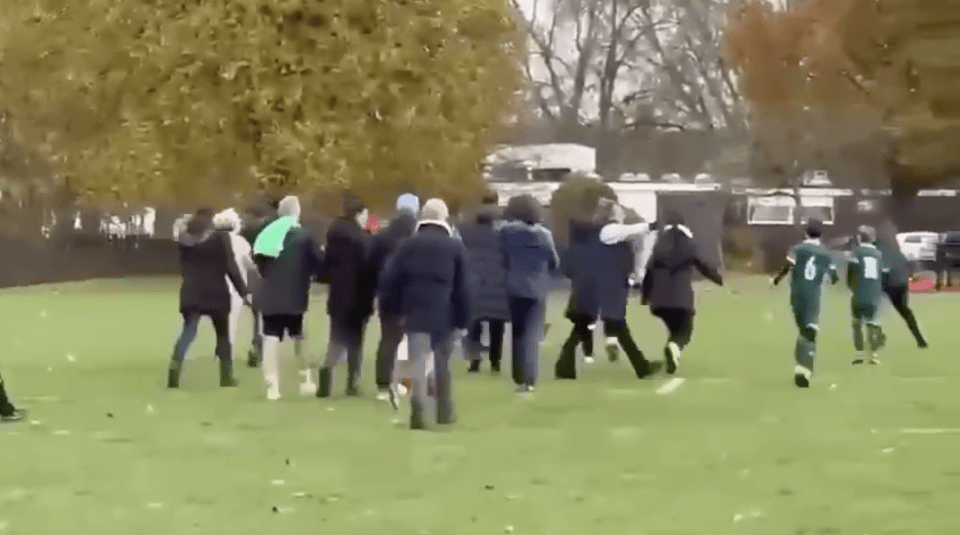 Parents fighting on a soccer field.