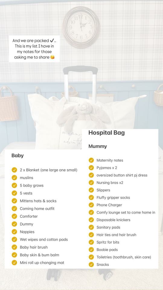 Hospital bag checklist for baby and mother.