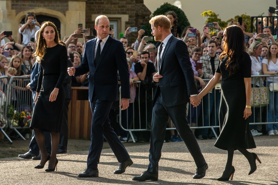 Prince William, Catherine, Prince Harry, and Meghan walking and greeting well-wishers outside Windsor Castle.