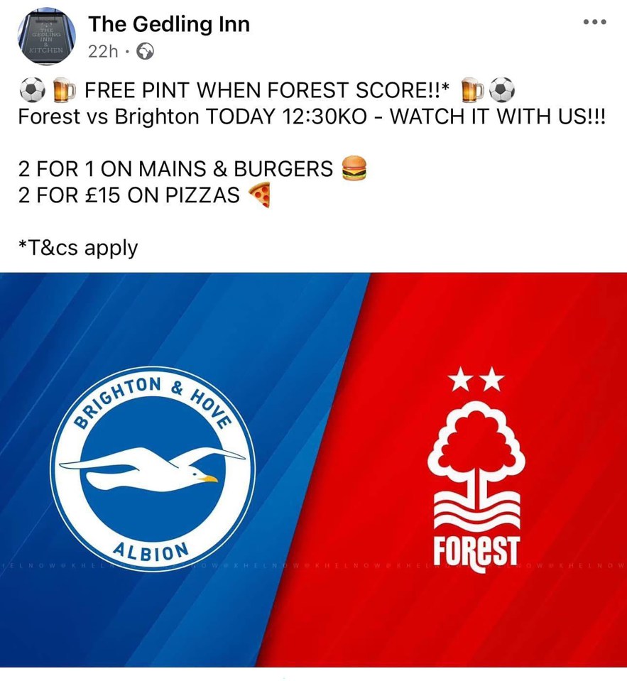 Graphic announcing a pub's match day specials: free pint with every Nottingham Forest goal, 2-for-1 mains and burgers, and 2 pizzas for £15.  Includes team logos.