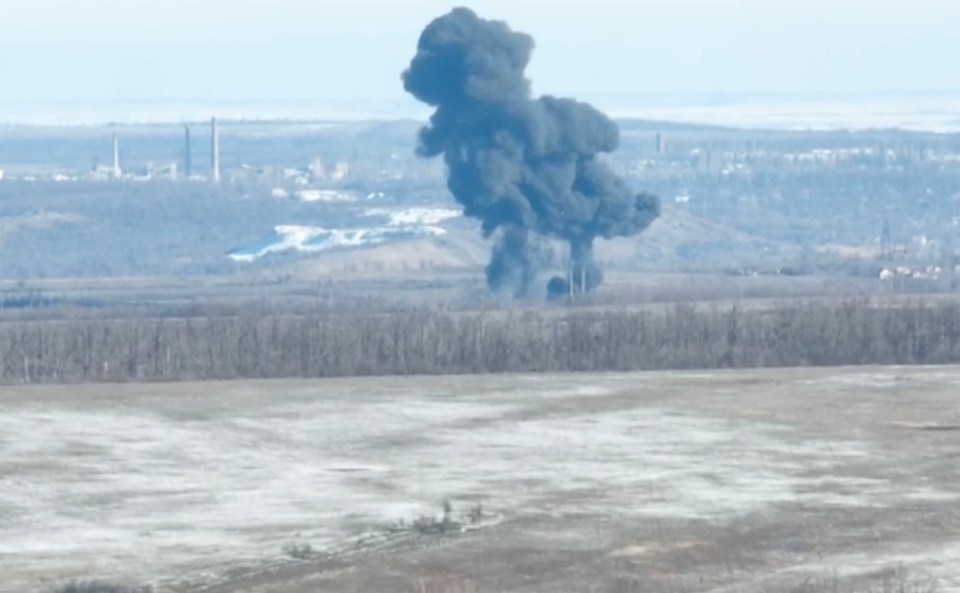 Smoke plume rising from a downed Russian Su-25 warplane near Toretsk, Ukraine.