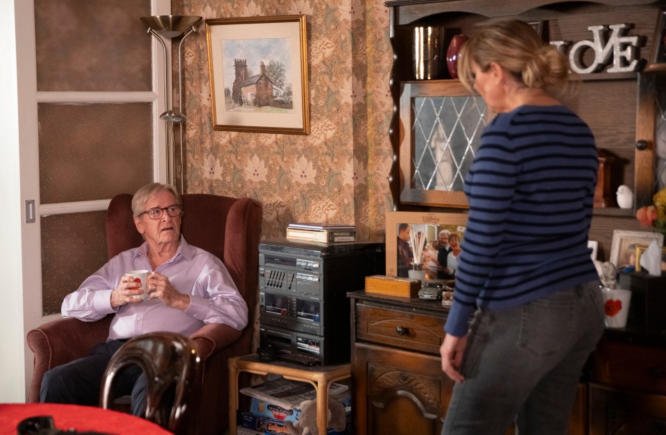 A scene from Coronation Street showing Ken Barlow and Cassie Plummer.