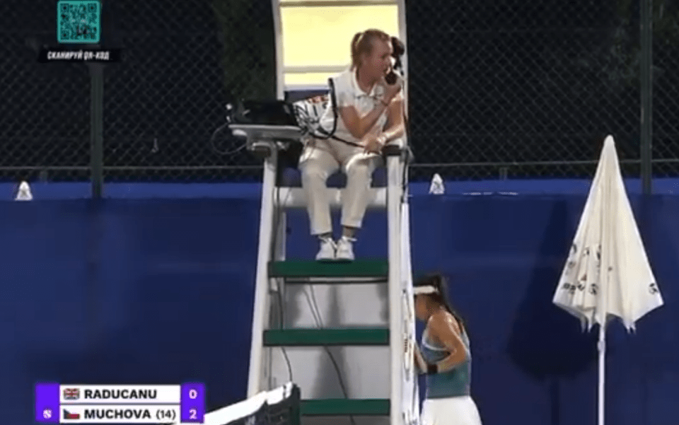 Tennis umpire on a chair talking on a phone, a player standing nearby.