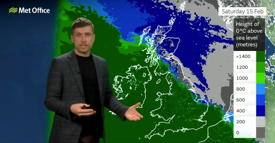 Met Office weather presenter with UK freezing rain forecast map.