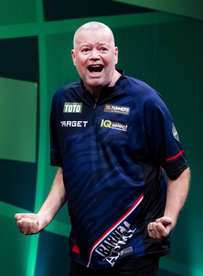 Raymond van Barneveld celebrating at the Dutch Darts Masters.