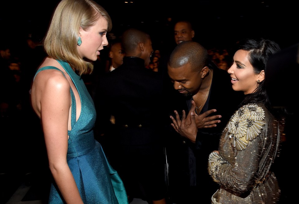 Taylor Swift, Kanye West, and Kim Kardashian at the 57th Grammy Awards.