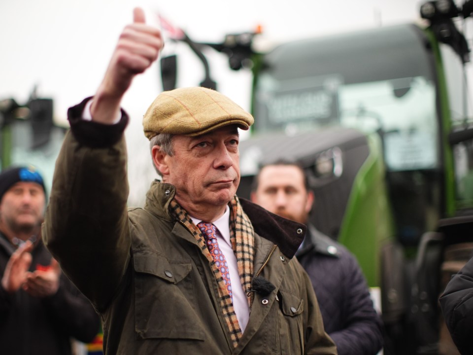 Nigel Farage giving a thumbs-up while speaking into a microphone.