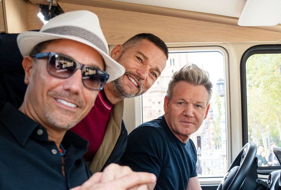 Gino D’Acampo, Fred Sirieix, and Gordon Ramsay in an RV.